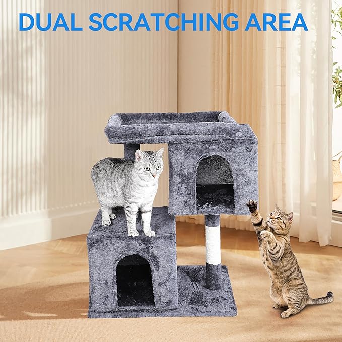 Cat Tree Tower 31 inch, 2 Plush Cat Condos, Cat Tree for Indoor Cats, Cat Scratching Post, Cat Post Scratcher with Perch, Small Cat Tower, Cat Furniture for Adult Cats, Grey