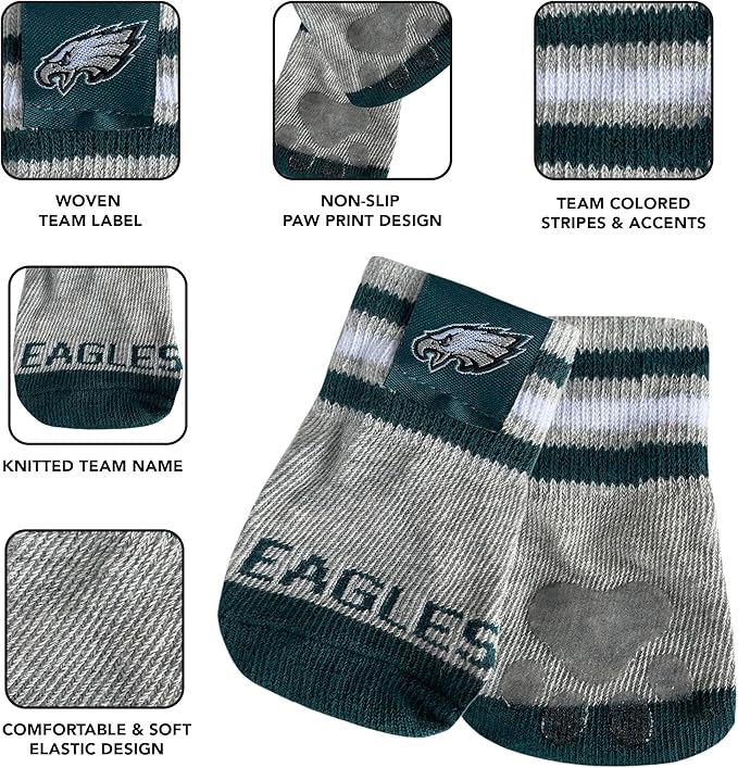 NFL Philadelphia Eagles Anti Slip Dog Socks with Elastic Ribbed Top, Size X-Small/Small. Indoor/Outdoor Socks, Best Dog Paw Protector, 2 Pairs, Cool Puppy Supplies with NFL Logo of Eagles Team