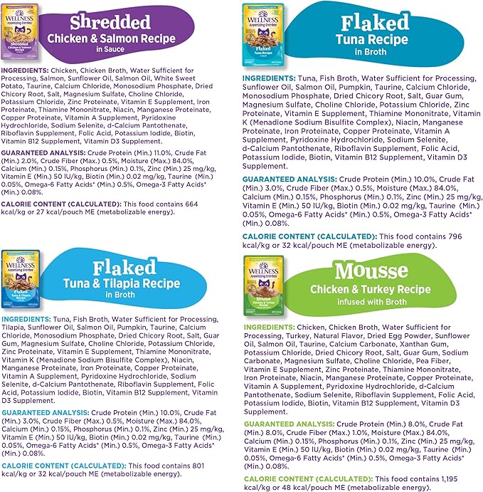 Wellness Appetizing Entrées Flaked, Shredded and Mousse Variety Pack Adult Wet Cat Food, Natural, Protein-Rich, Grain Free, Seafood & Poultry Recipes, 1.4 oz, Pack of 8 Pouches
