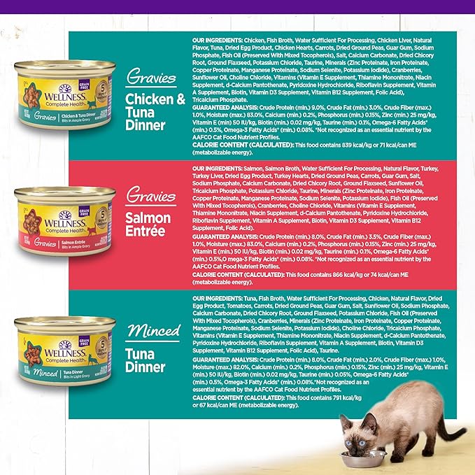 Wellness Complete Health Gravy and Minced Variety Pack Adult Canned Wet Cat Food, Natural, Protein Rich, Grain Free, Salmon, Tuna, and Chicken Recipes, 3 oz, Pack of 12 Cans