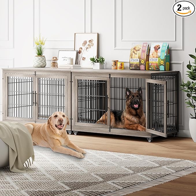 YaFiti Dog Crate Furniture with Cushion Set of 2, Wooden Dog Kennel Indoor with Double Doors, Dog Cage with Wheels, Dog House Side End Table for Large Dogs up to 85 lb, 44" L, Grey