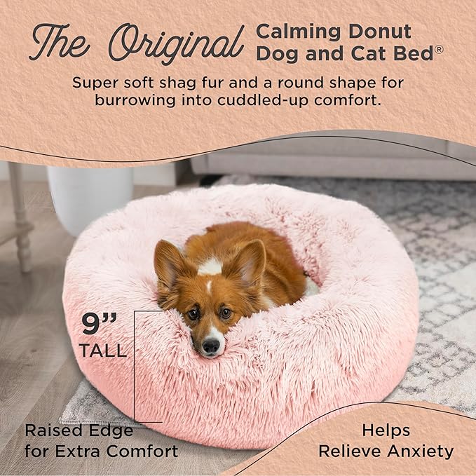 Best Friends by Sheri The Original Calming Donut Dog Bed for Medium Dogs up to 45 lbs, Shag Faux Fur, Cotton Candy Pink, 30" x 30"