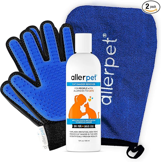Allerpet Cat Dander Remover w/Free Pair of Grooming Gloves and Mitt - Effective Cat Dander Reduction, Anti Allergen Solution Made in USA - (12oz)