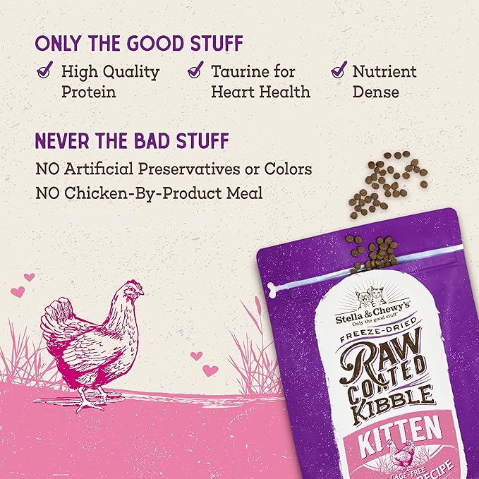Stella & Chewy's Raw Coated Premium Kibble Cat & Kitten Food – Grain Free, Protein Rich Meals – Cage-Free Chicken for Kittens Recipe – 5 lb. Bag