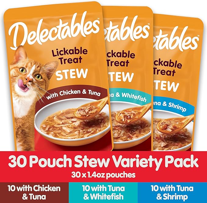 GYCO Delectables Stew Lickable Wet Cat Treats Variety Pack, 30 Count. Delectables Stew Variety Pack Lickable Cat Treats.