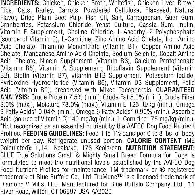 Blue Buffalo True Solutions Small & Mighty Natural Wet Food for Adult Small Breed Dogs, Chicken, 5.5-oz cans (24 Count)