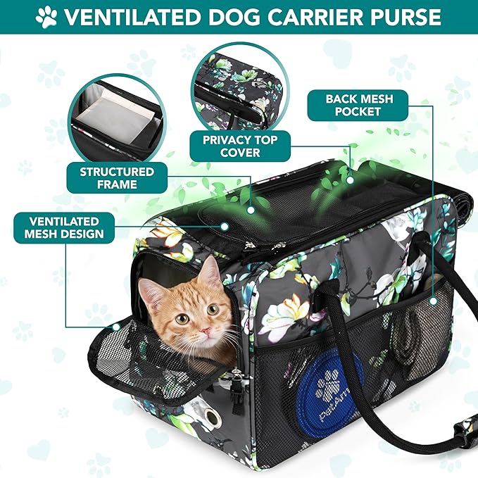 PetAmi Dog Purse Carrier for Small Dogs, Airline Approved Soft Sided Pet Carrier with Pockets, Ventilated Dog Carrying Bag for Puppy Cat, Dog Travel Supplies Bag, Sherpa Bed, Max 12 lbs, Floral Gray