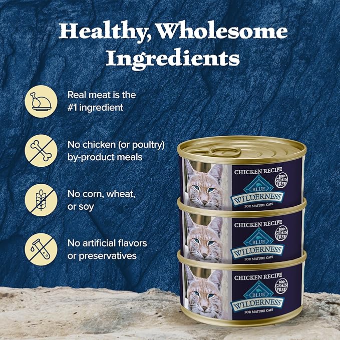 Blue Buffalo Wilderness High-Protein & Grain-Free Wet Cat Food Paté for Adult Cats 7+,Made with Natural Ingredients,Chicken Recipe,3-oz. Cans,(Pack of 48)