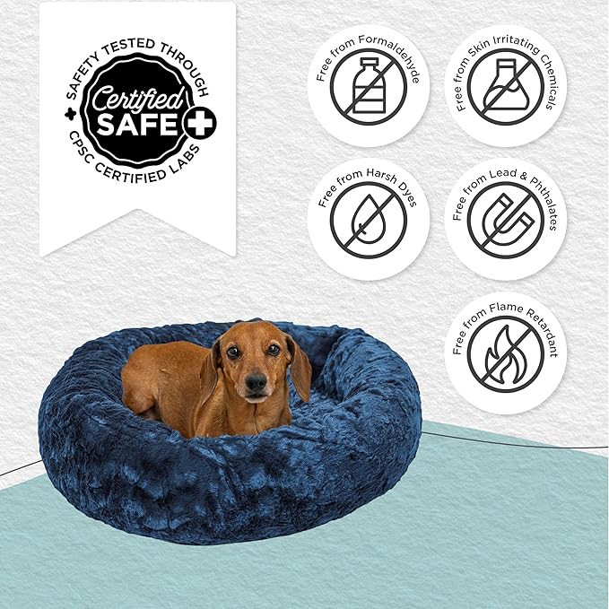 Best Friends by Sheri The Original Calming Donut Dog Bed for Small Dogs up to 25 lbs, Lux Faux Fur, Navy Blue, 23" x 23"