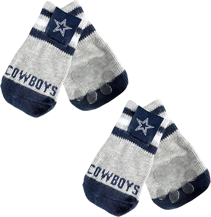 NFL Dallas Cowboys Anti Slip Dog Socks with Elastic Ribbed Top, Size X-Small/Small. Indoor/Outdoor Socks, Best Dog Paw Protector, 2 Pairs, Cool Puppy Supplies with NFL Logo of Cowboys Football Team