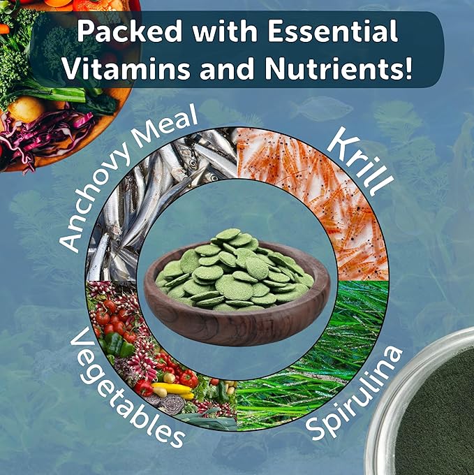 12mm - 1/2" Small Sinking Wafers of Spirulina, Algae & Veggies for Plecos, Catfish, Shrimp, Snails, Crayfish, 12-Type Pellet Mix & 4-Type Wafer Mix Included 9.85oz Canister