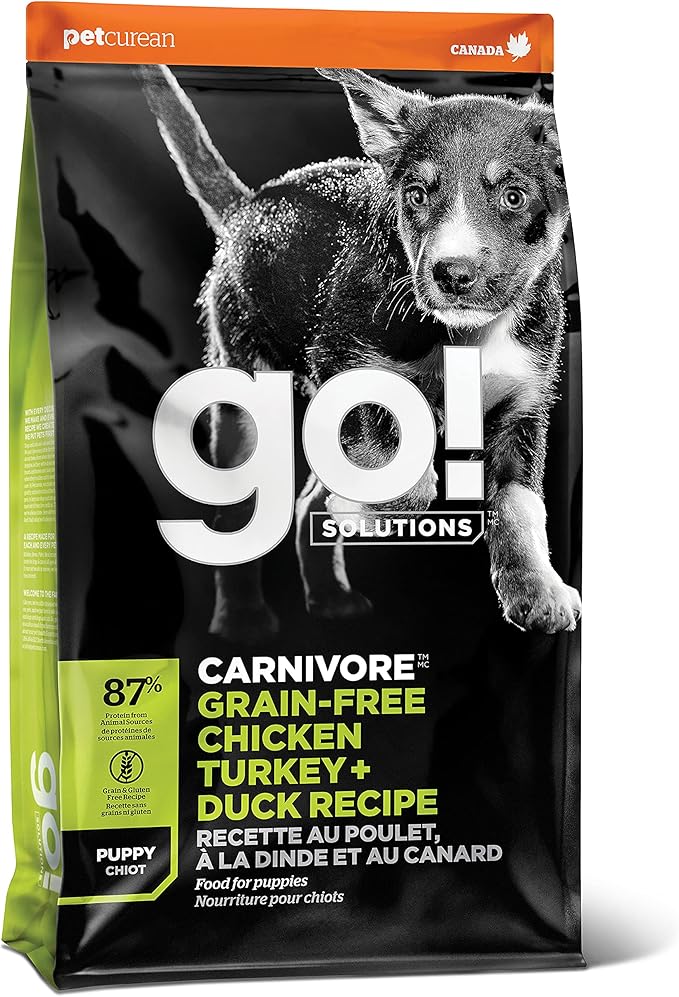 Go! Solutions Carnivore Chicken, Turkey + Duck Grain-Free Dry Puppy Food, Our Highest-Protein Kibble Made with Real Meat & Fish, Pumpkin & Probiotics for Good Digestion, 12 lb Bag
