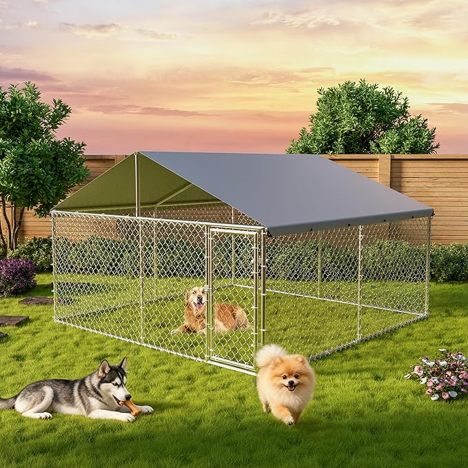 GarveeHome 10X10x6 FT Large Outdoor Dog Kennel, Dog Kennel Outside with Roof, Dog Enclosure with Waterproof & UV-Resistant Cover ＆ Reinforced Galvanized Steel for Yard, Farm Use