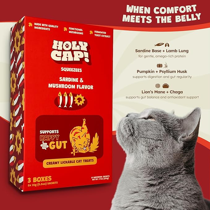 Happy Gut Grain-Free Lickable Cat Treats, 15 Squeezable Purée Tubes (0.5 oz Each), Sardine & Pumpkin Flavor, Creamy Cat Purée with Clean Ingredients, Hand-Fed Treat or Meal Topper