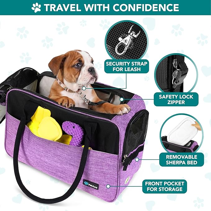 PetAmi Dog Purse Carrier for Small Dogs, Airline Approved Soft Sided Pet Carrier with Pockets, Ventilated Dog Carrying Bag for Puppy Cat, Dog Travel Supplies Bag, Sherpa Bed, Max 12 lbs, Purple