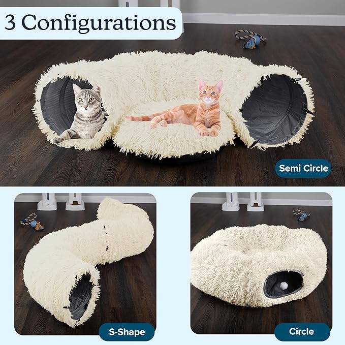 Cat Tunnel with Bed for Indoor Cats - 3FT Multifunctional Cat Tunnel Bed with Toys - Soft, Plush Peekaboo Cat Cave for Kittens, Cats, Ferrets, and Rabbits - Cat Products by PETMAKER (Cream)