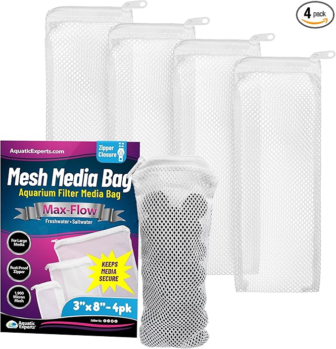 Aquatic Experts Max Flow Filter Media Bags - Durable, Secure with Plastic Zipper, for Aquarium and Pond, Zipper, 3" x 8" - 4 Pack