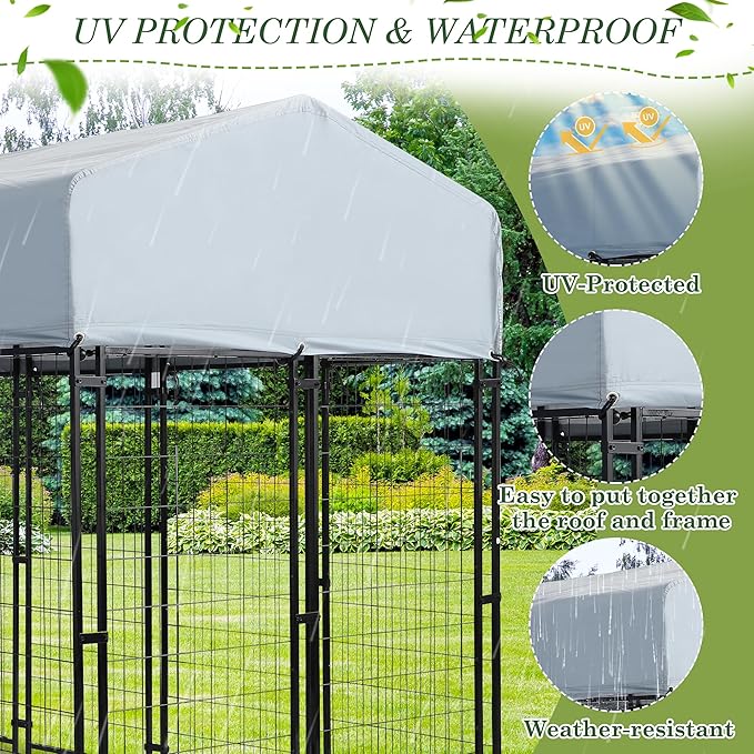 Outdoor Dog Kennel, 8x4x5.7 FT Dog Enclosure with Waterproof Roof Cover & 2 Rotating Dog Bowls for Large Dogs, Welded Wire Steel Outside Dog Fence Dogs Exercise with Secure Lock