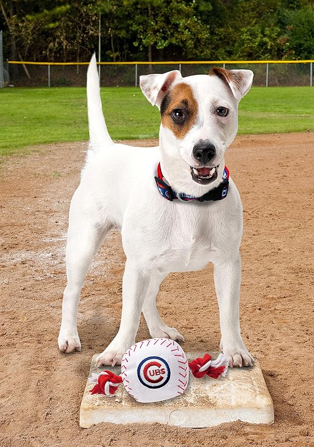 MLB CHICAGO CUBS Baseball Rope Toy for DOGS & CATS. Tough nylon, Sporty Baseball Design, Heavy-duty ropes with Inner SQUEAKER