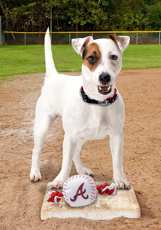 MLB ATLANTA BRAVES Baseball Rope Toy for DOGS & CATS. Tough nylon, Sporty Baseball Design, Heavy-duty ropes with Inner SQUEAKER
