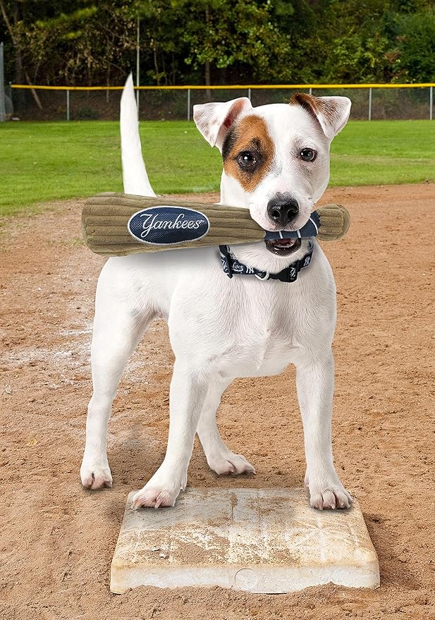 MLB New York Yankees Baseball Bat Toy for DOGS & CATS. Soft Corduroy Plush Dog Toy with Inner SQUEAKER, MLB Chew Toys for Dogs or Cats. Durable Fun Interactive Dog Toy with Team Names and Logo