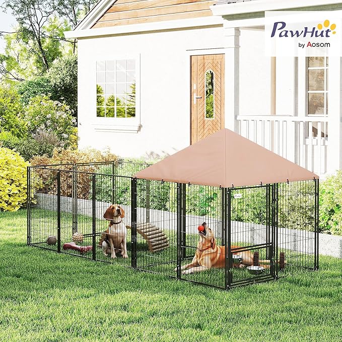 PawHut Dog Kennel Outside with 1 Room, Large Outdoor Dog Kennel Run w/Rotating & Adjustable Bowls, Waterproof & UV-Resistant Canopy, Welded Wire Pet Enclosure for Yard Garden, 11.3' x 4.7' x 5.1'
