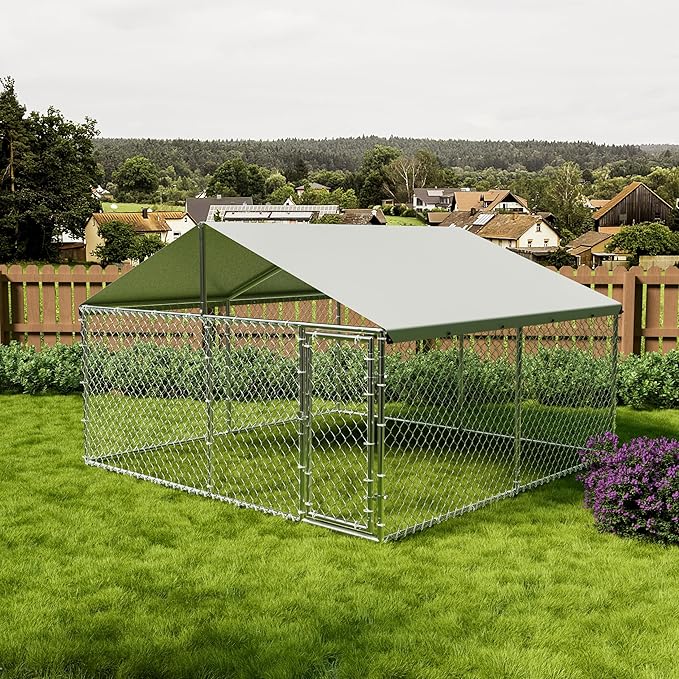 GarveeHome 10X10x6 FT Large Outdoor Dog Kennel, Dog Kennel Outside with Roof, Dog Enclosure with Waterproof & UV-Resistant Cover ＆ Reinforced Galvanized Steel for Yard, Farm Use