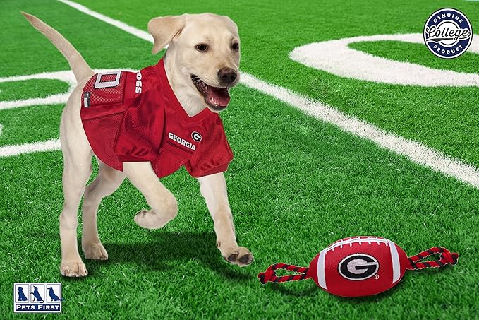 NCAA Georgia Bulldogs Football Dog Toy, Tough Quality Nylon Materials, Strong Pull Ropes, Inner Squeaker, Collegiate Team Color