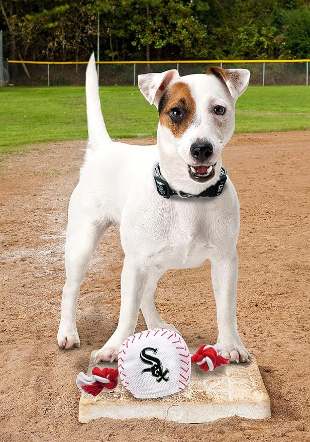 MLB CHICAGO WHITE SOX Baseball Rope Toy for DOGS & CATS. Tough nylon, Sporty Baseball Design, Heavy-duty ropes with Inner SQUEAKER