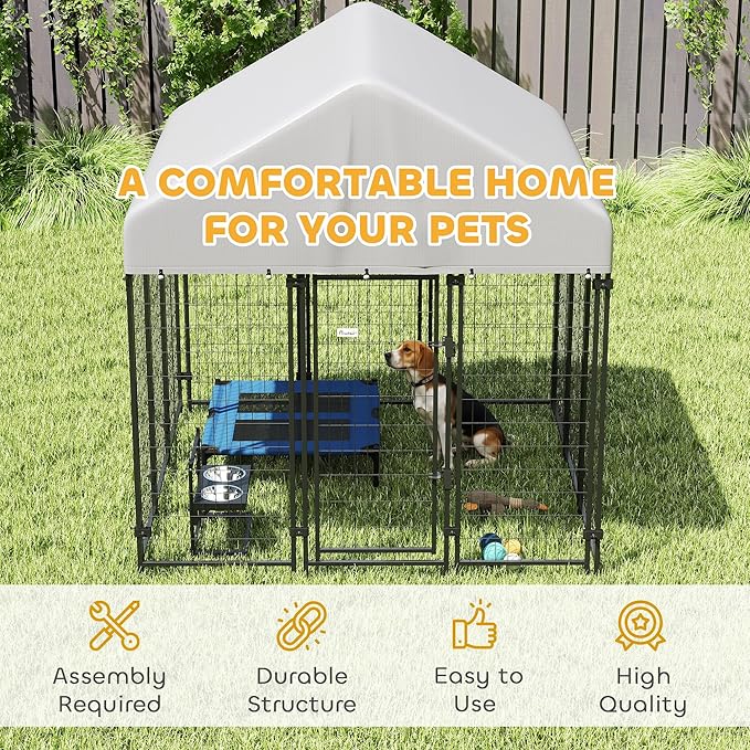 PawHut Outdoor Dog Kennel with Roof, 6' x 6' x 6' Heavy Duty Welded Wire Dog Playpen Enclosure with Escape-Proof Lock, UV-Resistant & Waterproof Cover, for Large Dogs, Chickens, Ducks, Silver