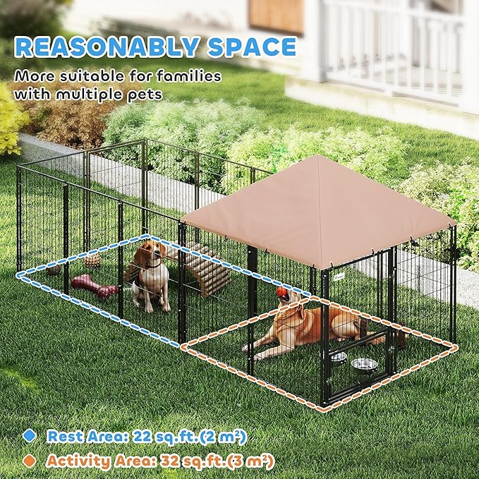 PawHut Dog Kennel Outside with 1 Room, Large Outdoor Dog Kennel Run w/Rotating & Adjustable Bowls, Waterproof & UV-Resistant Canopy, Welded Wire Pet Enclosure for Yard Garden, 11.3' x 4.7' x 5.1'