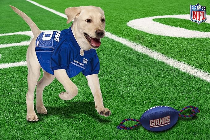 Pets First NFL New York Giants Football Dog Toy, Tough Quality Nylon Materials, Strong Pull Ropes, Inner Squeaker, NFL Team Color